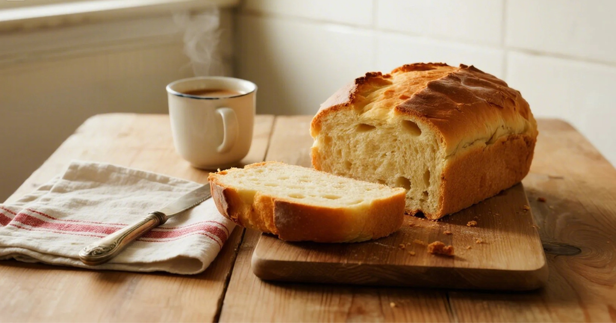 Recette Quatre-quarts maison moelleux servi sur une planche en bois avec une tasse de café