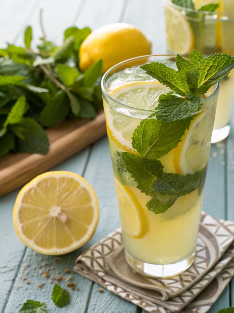 Verre et carafe de jus de citron à la menthe avec glaçons, citron frais et menthe, sur une table en bois