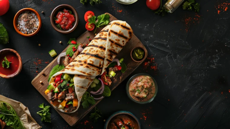 Fajitas au poulet garnies de légumes et crème fraîche