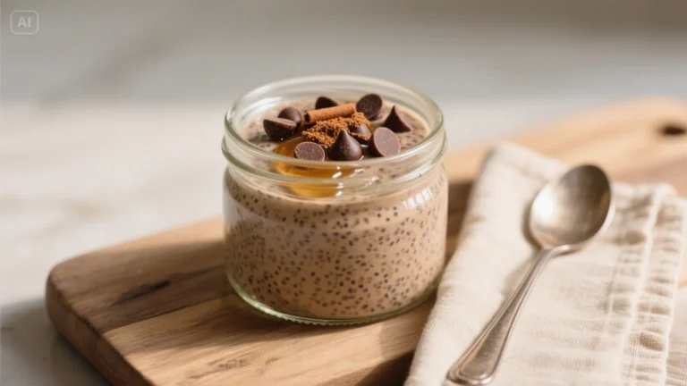Pudding de chia à la vanille : 11 Pudding de chia à la vanille, présenté dans un bocal en verre sur une planche en bois