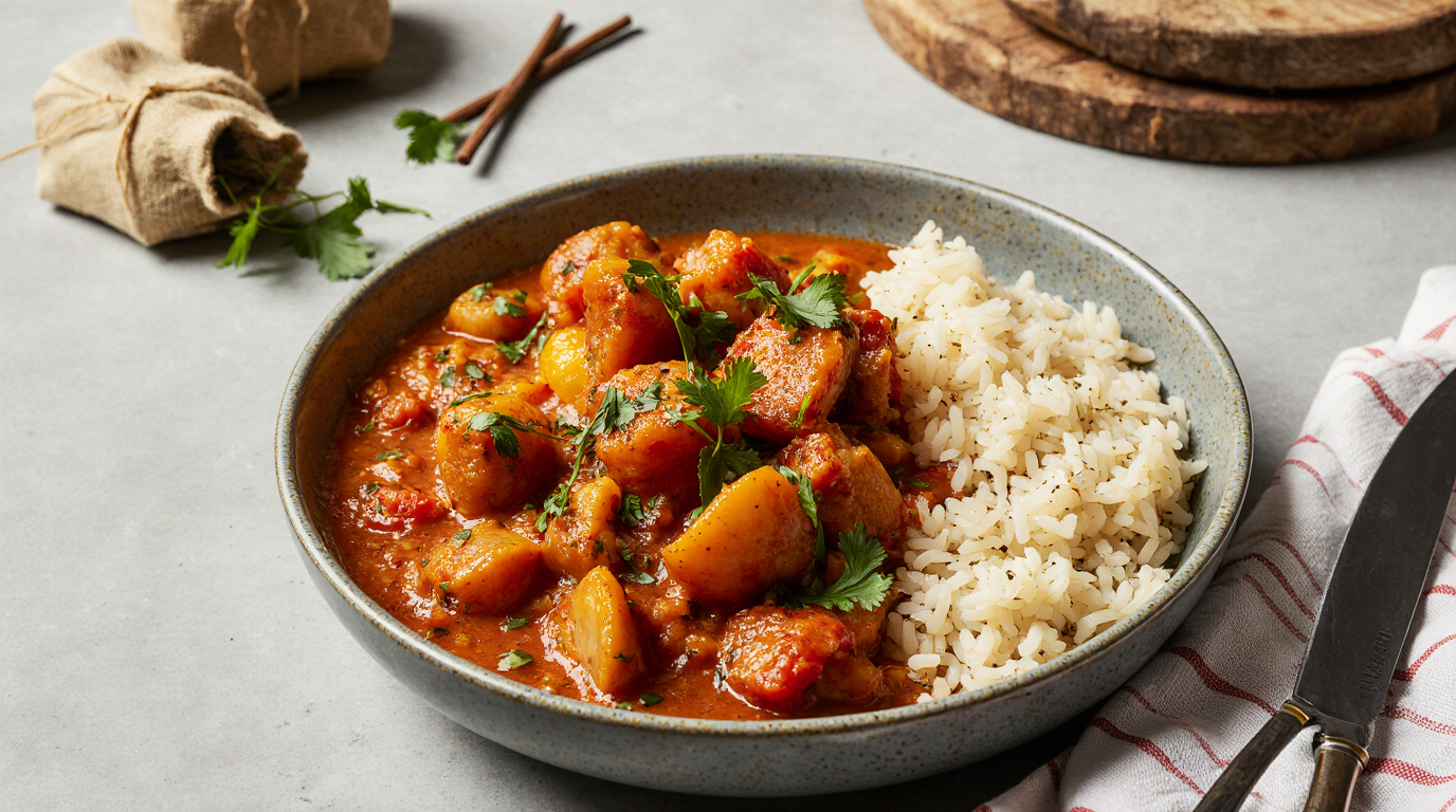 Plat traditionnel réunionnais : rougail saucisses fumées avec sauce tomate épicée, servi avec du riz basmati.