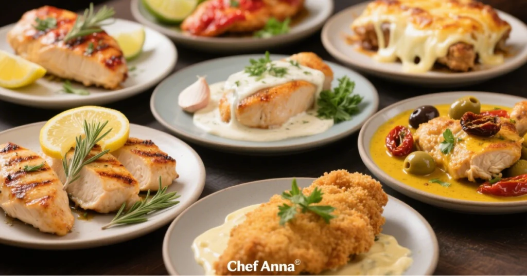 Assiette avec les variantes de recette de filets de poulet : citron-herbes, mexicain, crème-ail, gratiné, méditerranéen, curry-coco et pané croustillant, présentées avec accompagnements colorés