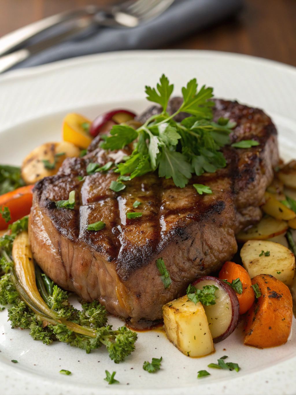 Recette de côte de bœuf au four parfumée au cerfeuil avec pommes de terre nouvelles