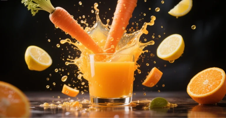 Verre de jus ACE maison à base de carotte, orange et citron, posé sur une table en bois avec des ingrédients frais autour