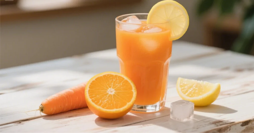Verre de jus ACE maison à base de carotte, orange et citron, posé sur une table en bois avec des ingrédients frais autour