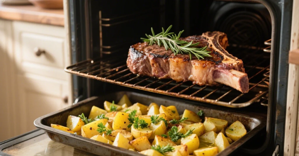 Côte de bœuf cuite au four avec thym et cerfeuil, accompagnée de pommes de terre nouvelles rôties.