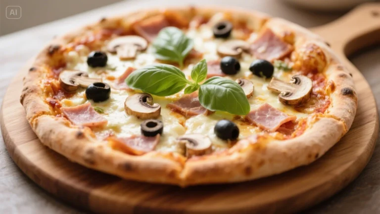 Pizza Regina garnie de jambon, champignons, mozzarella fondue et olives noires, sur planche en bois