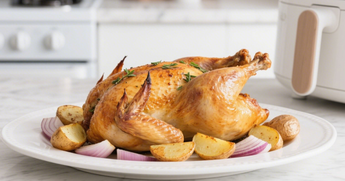 Poularde entière rôtie au four, bien dorée, servie avec pommes de terre coupées, oignon rôti et herbes aromatiques sur un plat rustique.