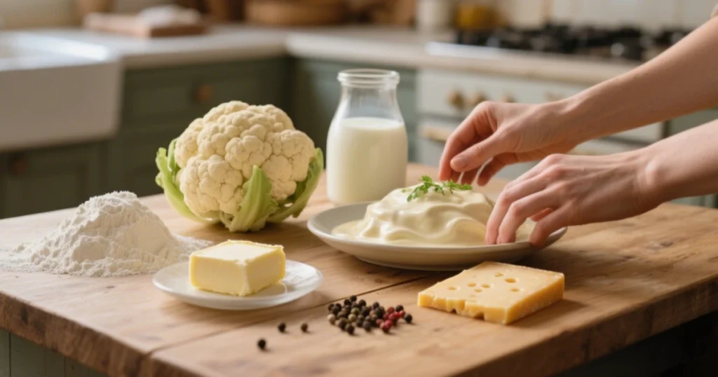 Ingrédients disposés sur une table en bois pour la recette de Chou-fleur à la Béchamel : chou-fleur frais, lait, beurre, farine, gruyère râpé, sel, poivre, muscade