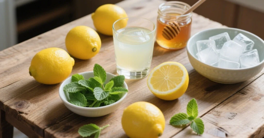 Ingrédients du jus de citron à la menthe : citrons bio, eau, menthe fraîche, sirop d’érable, glaçons