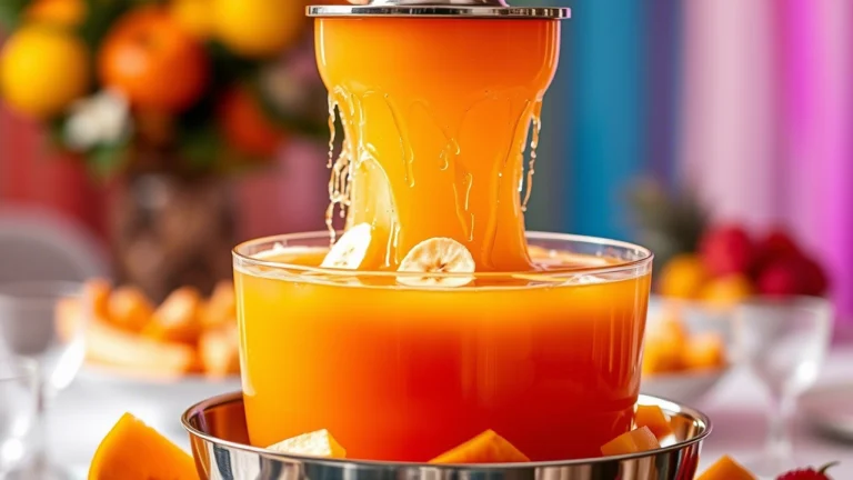 Fontaine à punch aux fruits sans alcool avec cascade de jus tropical orange, bananes et fruits frais pour événement festif