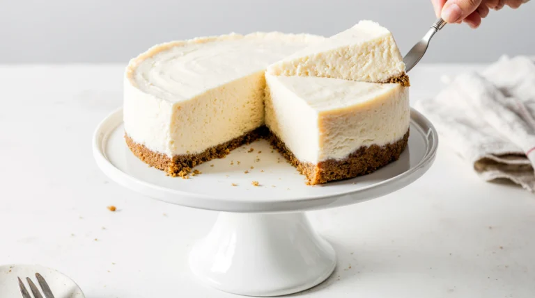 Cheesecake sans cuisson garni de fruits rouges frais et d’un coulis brillant, posé sur une assiette blanche, avec une base biscuitée dorée et une texture crémeuse.