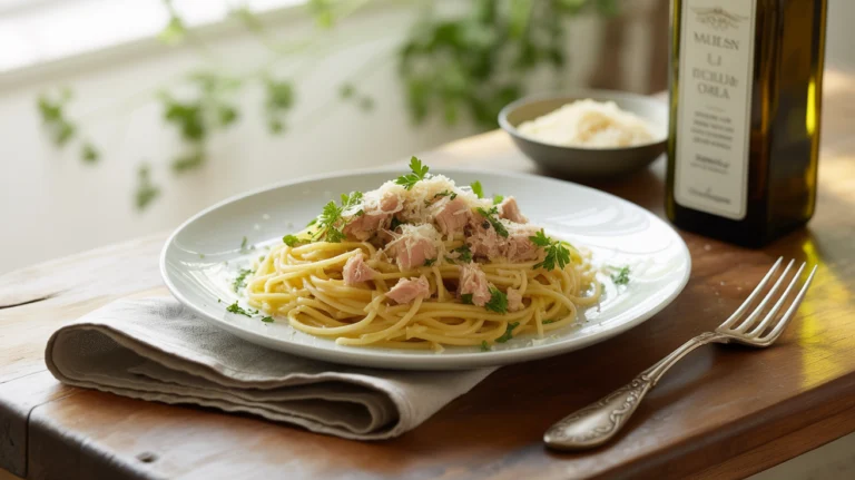 Plate of creamy tuna pasta topped with fresh parsley and parmesan, on a wooden table with a bottle of olive oil and a bowl of parmesan in the background, and the image is ready to be used.