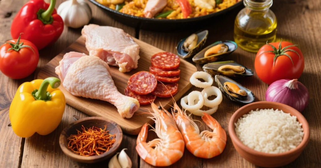 Ingrédients frais pour Paëlla fruits de mer : morceaux de poulet, tranches de chorizo, moules, crevettes, calamars, poivrons, tomates, oignons, ail, safran, riz et huile d’olive sur une table en bois.