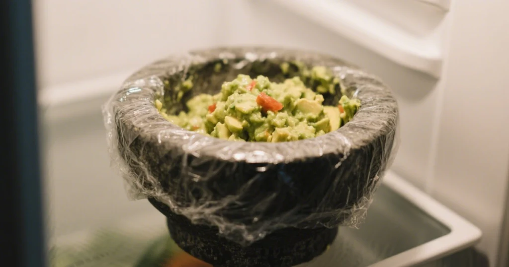 Bol de guacamole recouvert de film alimentaire placé au réfrigérateur pour repos
