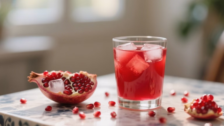 jus de grenade frais avec grains et demi-grenade en arrière-plan