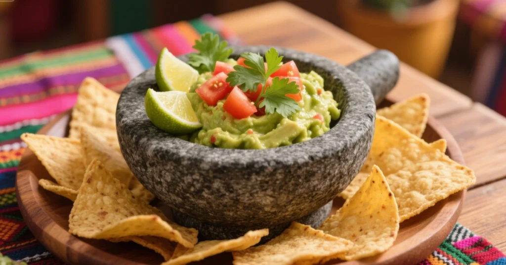 Guacamole servi dans un molcajete, garni de coriandre, tomate et citron vert, entouré de Nachips