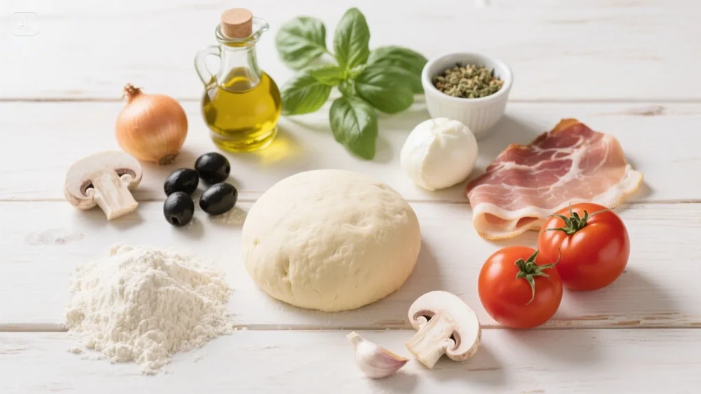 Pizza Regina garnie de jambon, champignons, mozzarella fondue et olives noires, sur planche en bois