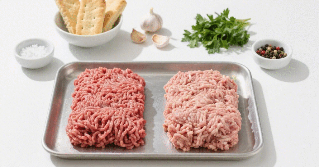 Bœuf haché, veau, biscottes trempées, ail, persil, sel et poivre pour farce maison