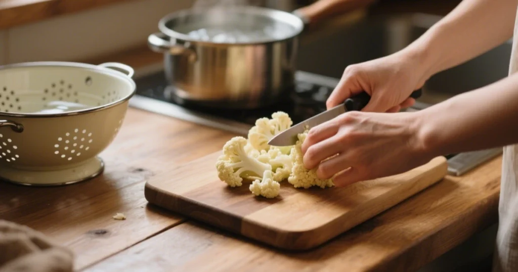 Recette Chou-fleur à la Béchamel : découpe et cuisson des fleurettes de chou-fleur dans une cuisine rustique