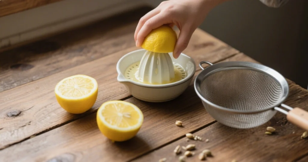 Citron bio coupé et pressé avec un presse-agrumes manuel sur une table de cuisine