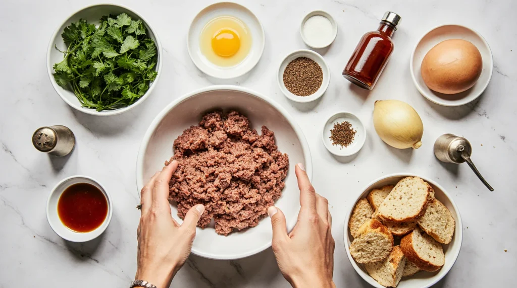 Pain de viande traditionnel tranché, servi avec purée et haricots verts, sur une planche rustique.