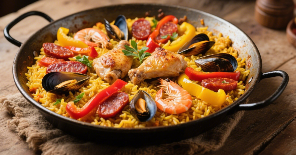 Paëlla aux fruits de mer, chorizo et poulet dans un plat traditionnel, avec riz safrané, moules, crevettes, poivrons rouges et jaunes.