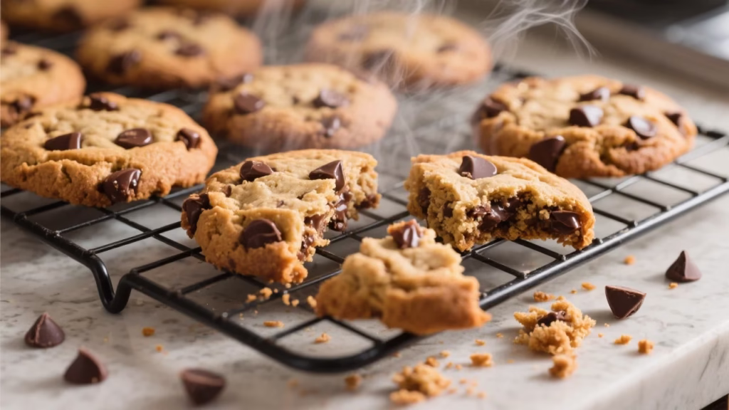 recette Cookies aux pépites de chocolat fraîchement sortis du four, croustillants et moelleux à cœur