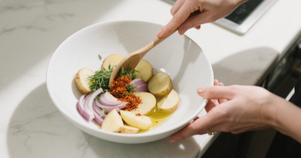 Poularde entière rôtie au four, bien dorée, servie avec pommes de terre coupées, oignon rôti et herbes aromatiques sur un plat rustique.