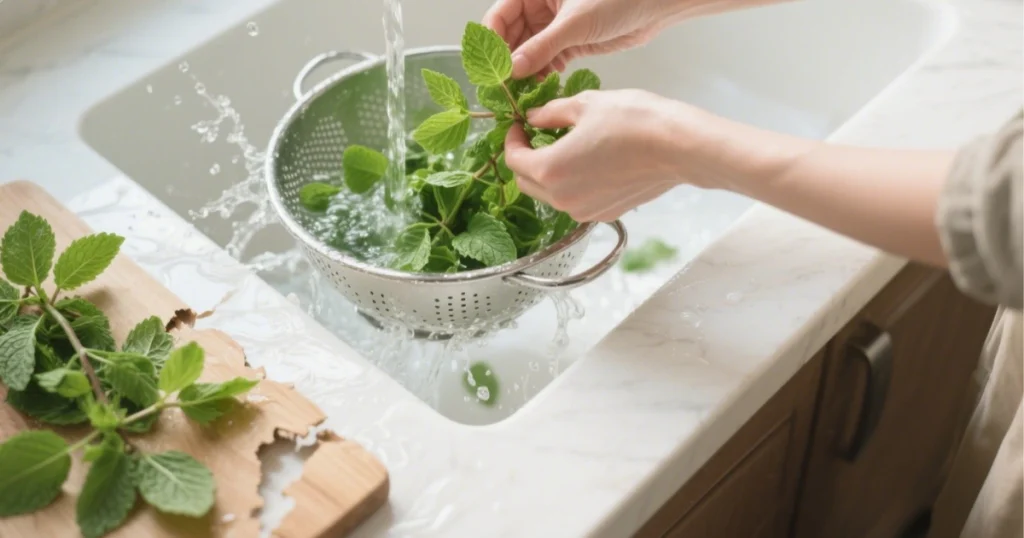 Feuilles de menthe fraîche rincées et déchirées à la main sur une planche en bois