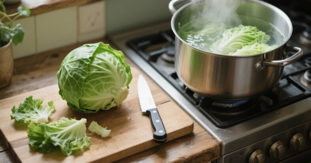 Feuilles de chou détachées et blanchies dans une casserole d’eau bouillante pour préparer des choux farcis maison