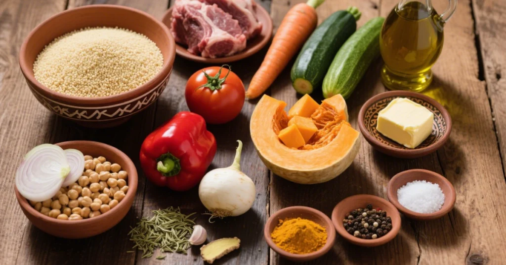 Ingrédients frais pour couscous royal marocain : sept légumes colorés, semoule, viande d’agneau, poulet, merguez, épices traditionnelles et herbes aromatiques