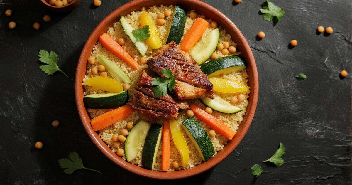 Plat traditionnel marocain de couscous royal servi dans un grand plat en céramique, garni de semoule dorée, viande d’agneau, carottes, courgettes, poivron et pois chiches.