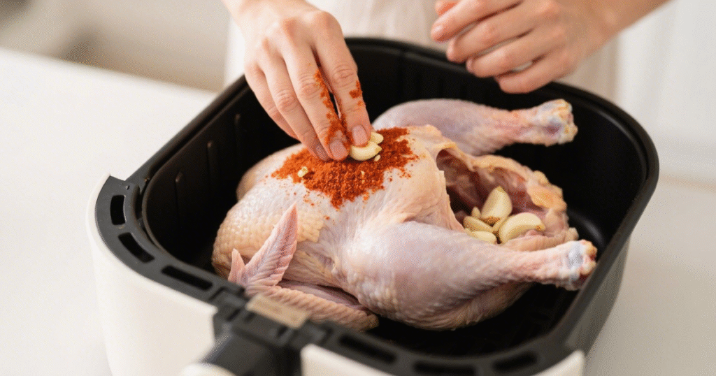 Poularde entière rôtie au four, bien dorée, servie avec pommes de terre coupées, oignon rôti et herbes aromatiques sur un plat rustique.