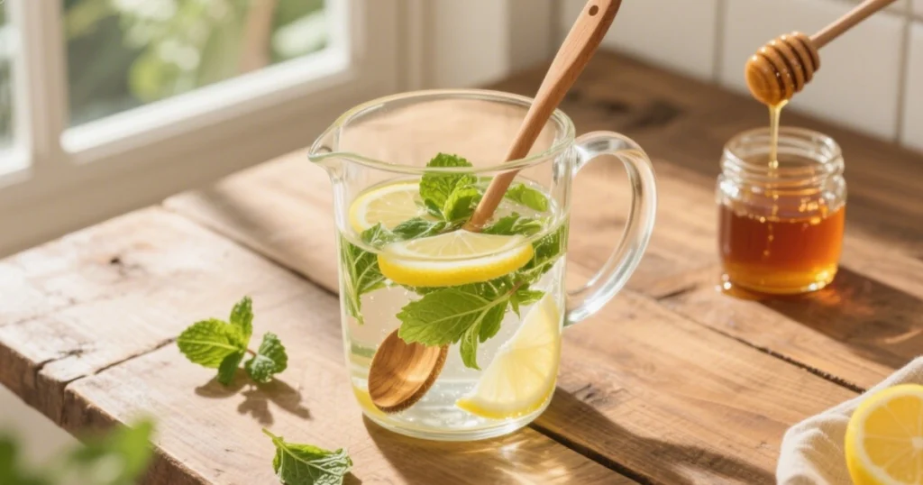 Pichet transparent avec citron, menthe et miel mélangés à la cuillère
