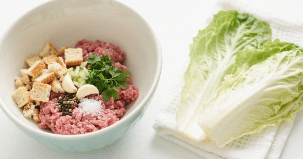  Farce maison pour choux farcis avec viande hachée, ail, persil et biscottes, et feuilles de chou égouttées sur un linge