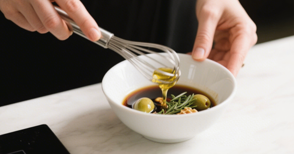 Poularde entière rôtie au four, bien dorée, servie avec pommes de terre coupées, oignon rôti et herbes aromatiques sur un plat rustique.