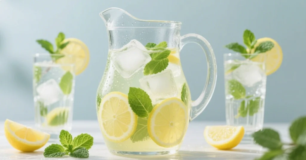 Pichet rempli de jus de citron à la menthe avec glaçons et rondelles de citron