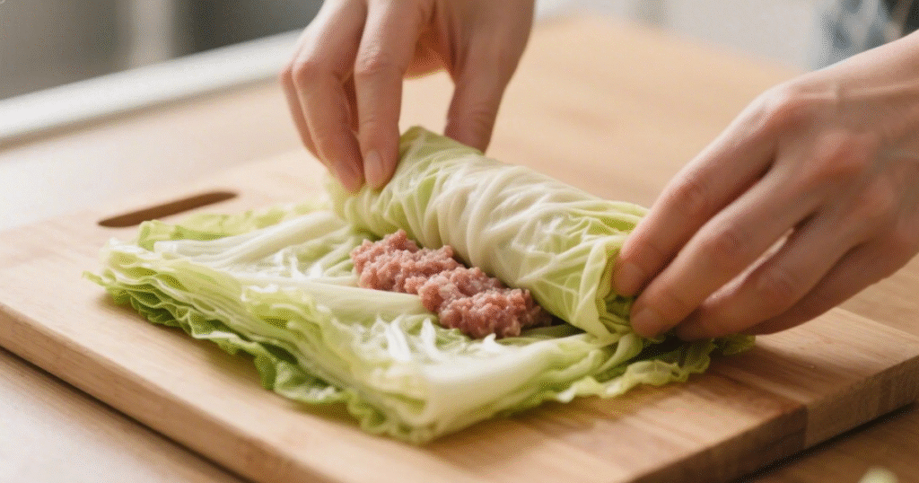 Montage des choux farcis avec feuilles de chou superposées et farce roulée en paquets bien serrés