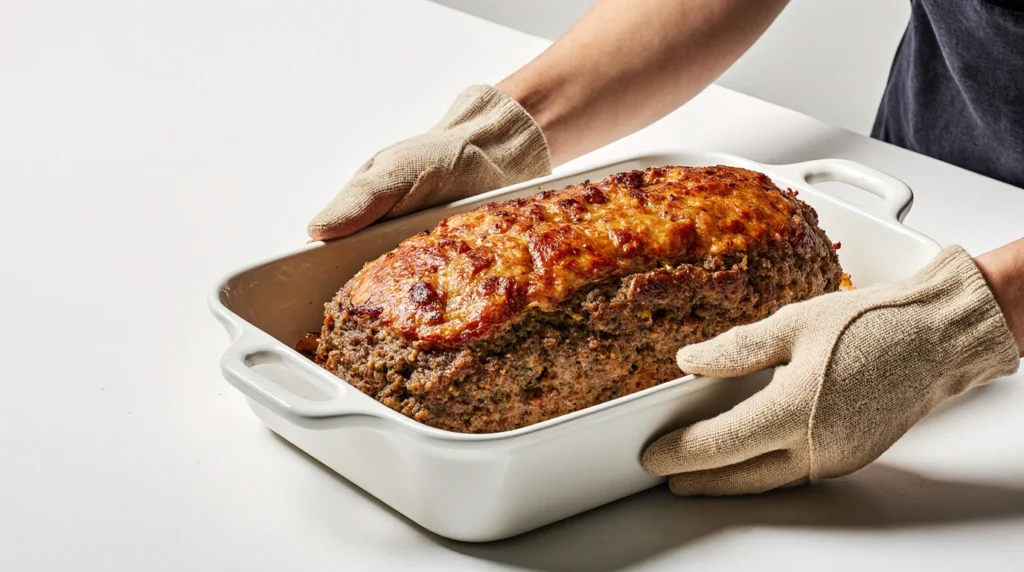 Pain de viande traditionnel tranché, servi avec purée et haricots verts, sur une planche rustique.