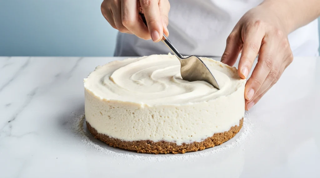 Cheesecake sans cuisson garni de fruits rouges frais et d’un coulis brillant, posé sur une assiette blanche, avec une base biscuitée dorée et une texture crémeuse.