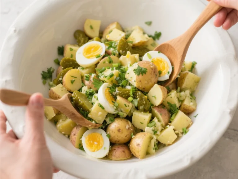 Salade de pommes de terre maison servie dans un grand bol avec persil frais et oignons rouges émincés.