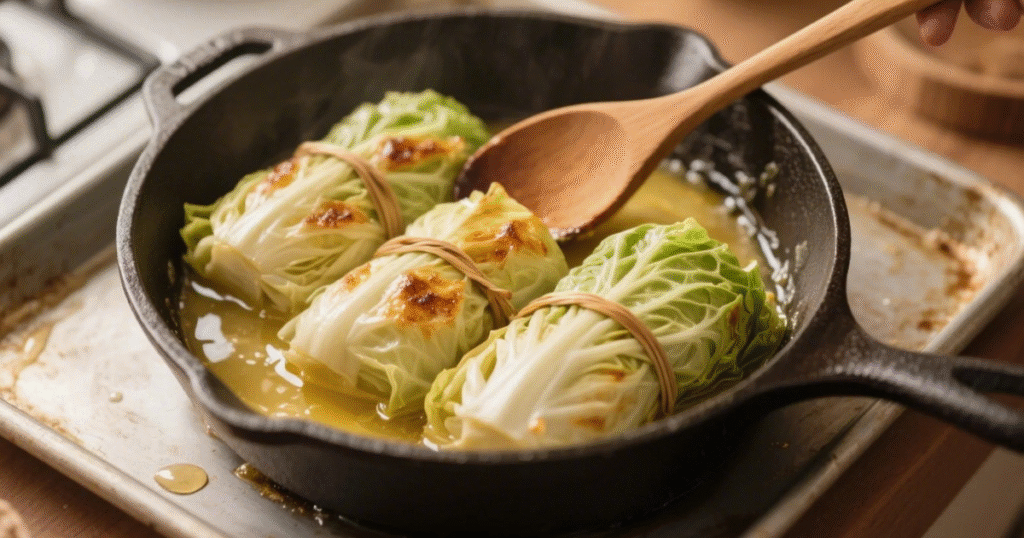 Choux farcis ficelés en train de dorer dans une cocotte avec de la margarine pour un goût caramélisé