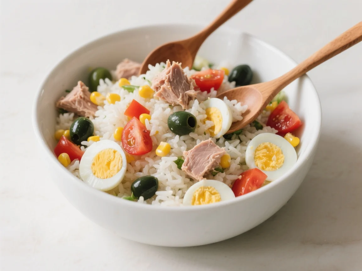 Salade de riz au thon maison servie dans un bol blanc avec légumes colorés et herbes fraîches