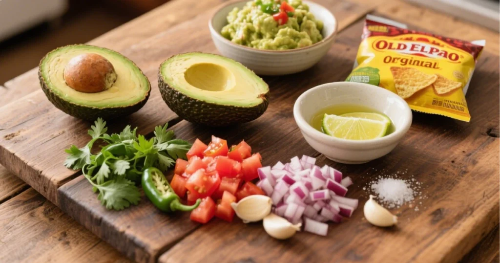 Ingrédients frais pour guacamole traditionnel : avocats, tomates, oignon, ail, piment vert, coriandre, citron vert, sel, Nachips