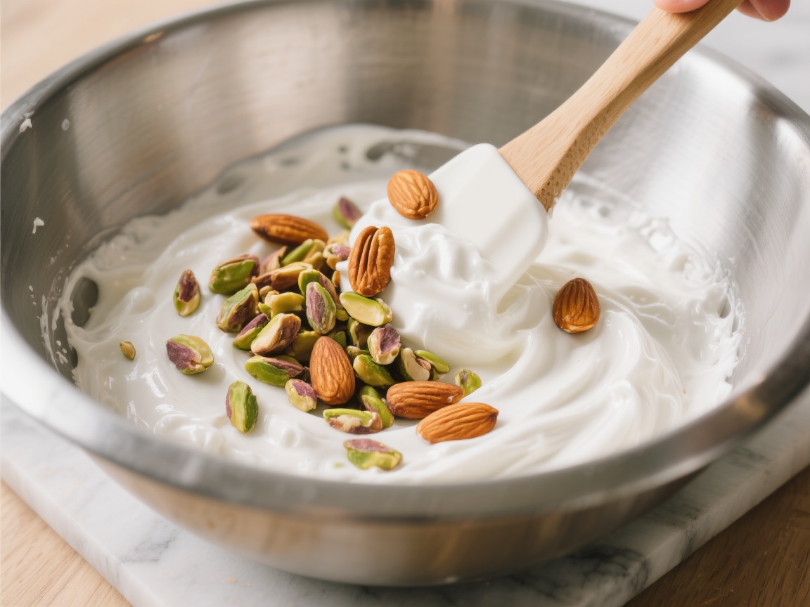 Nougat glacé maison servi en tranches avec fruits confits et amandes