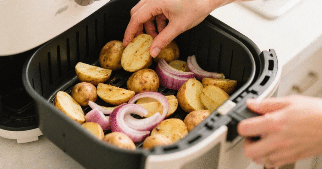 Poularde entière rôtie au four, bien dorée, servie avec pommes de terre coupées, oignon rôti et herbes aromatiques sur un plat rustique.