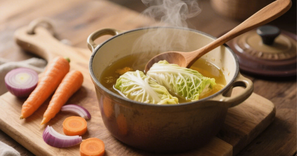 Carottes et oignons ajoutés dans une cocotte avec les choux farcis, mijotés dans un bouillon parfumé au vin blanc
