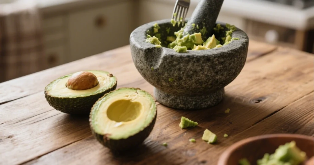 Chair d’avocats mûrs écrasée à la fourchette dans un bol ou un molcajete
