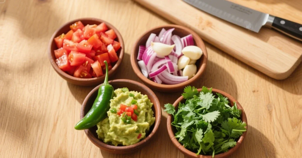 Tomates, oignon, ail, piment vert et coriandre fraîche finement découpés sur planche de cuisine